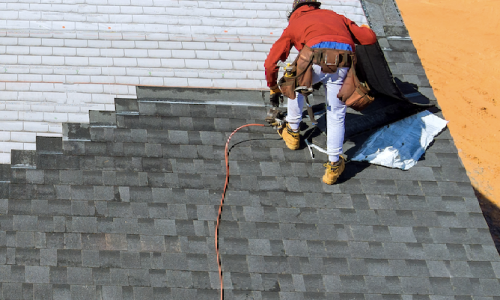 Roof inspection icon symbolizing professional roofing services in blue circle.